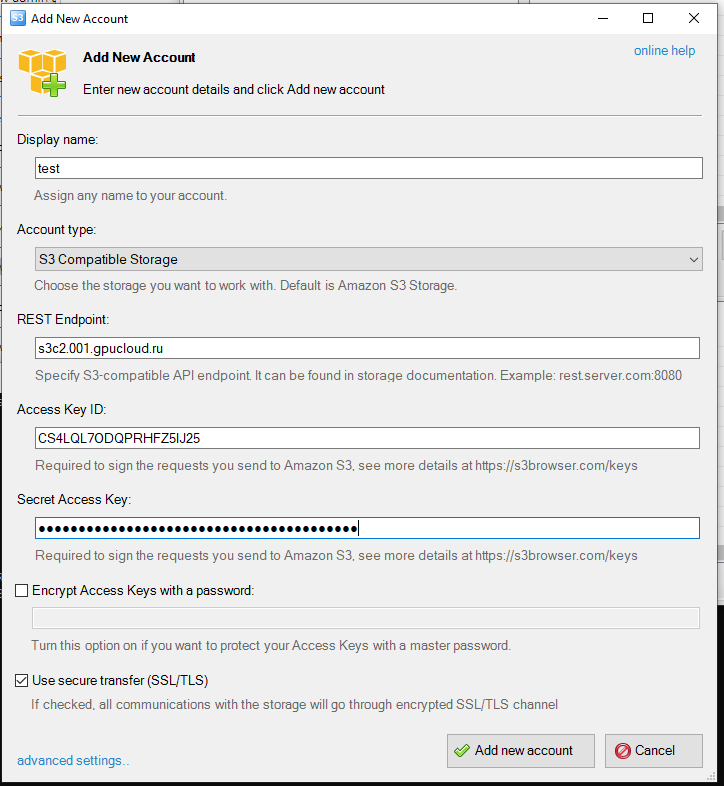 S3Browser Add new account